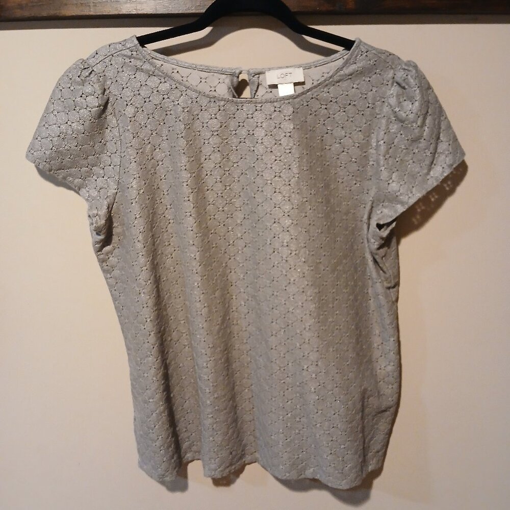 Loft cap sleeve dress 'see-through' gray shiny Large top